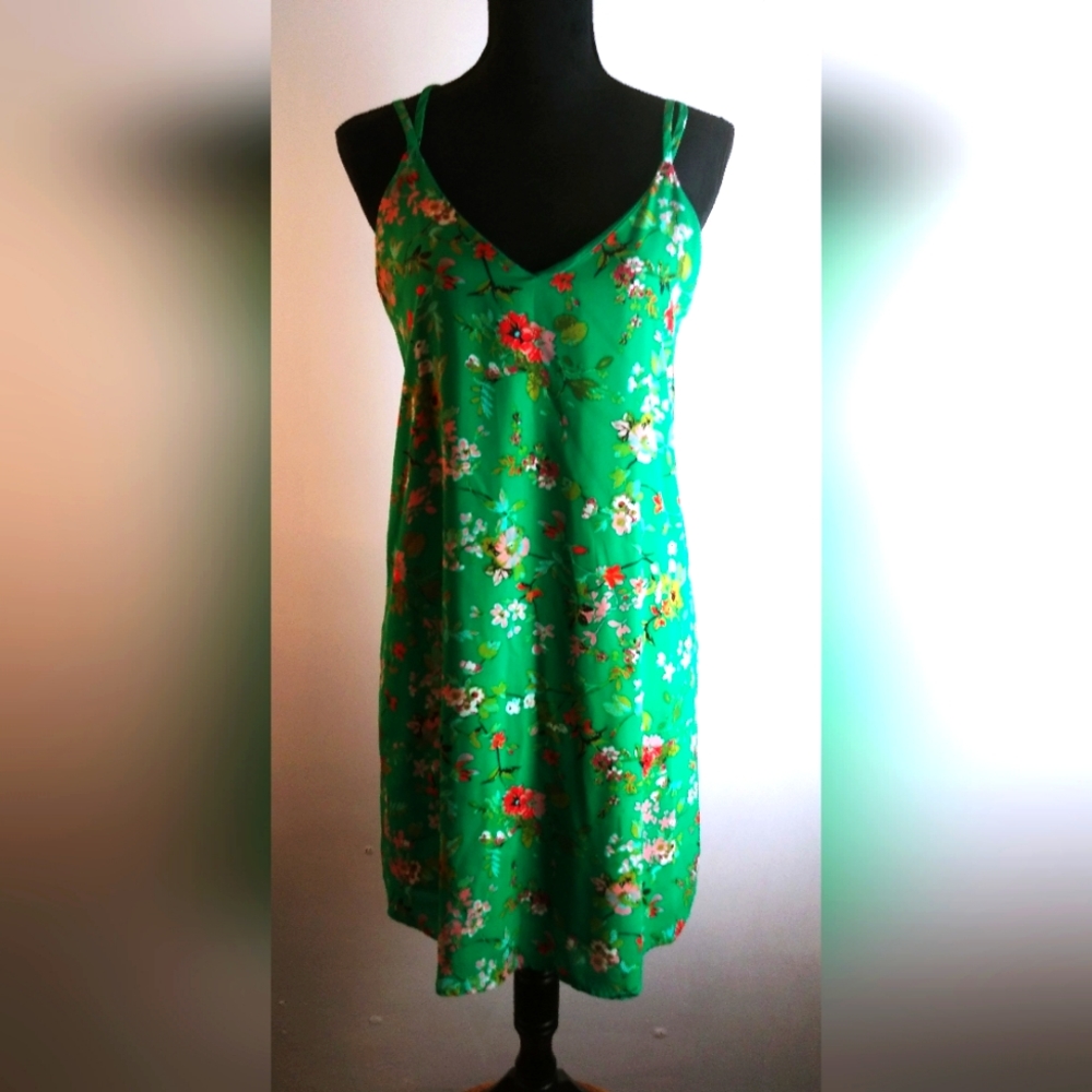 Spaghetti Strap Dress Green Floral Design Cottagecore Size L